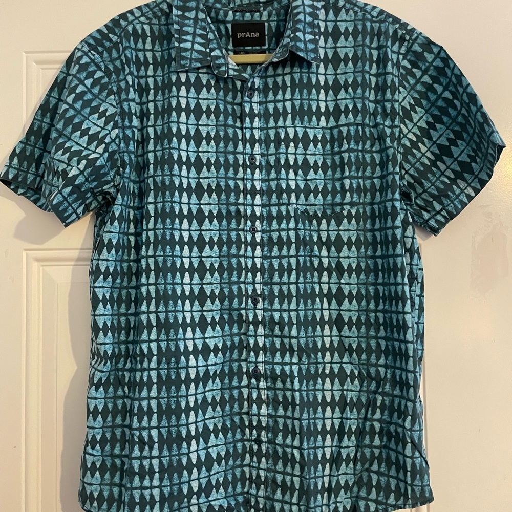 Prana Men's Teal and Black Geometric Shirt